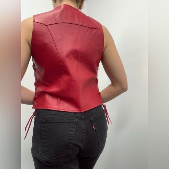 Vintage 90s Red Lace Up Leather Biker Vest Snap Front Size M - Picture 7 of 14